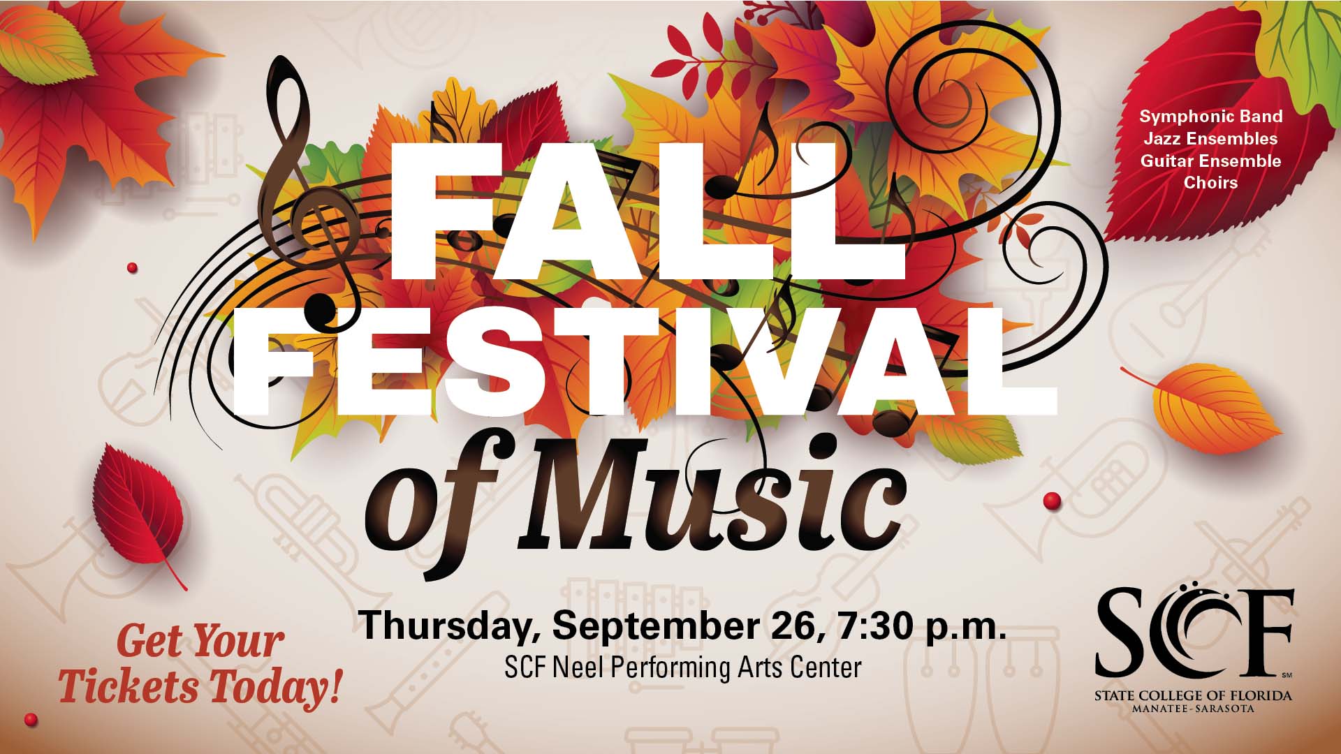 The SCF Music Program welcomes all to join our music ensembles, Symphonic Band, Concert Choir, Chamber Choir, Guitar Ensemble, Jazz Big Band, and Jazz Combo, at the annual Fall Festival of Music. Celebrate the kick-off to the 2024-2025 season with an evening of inspired music making!