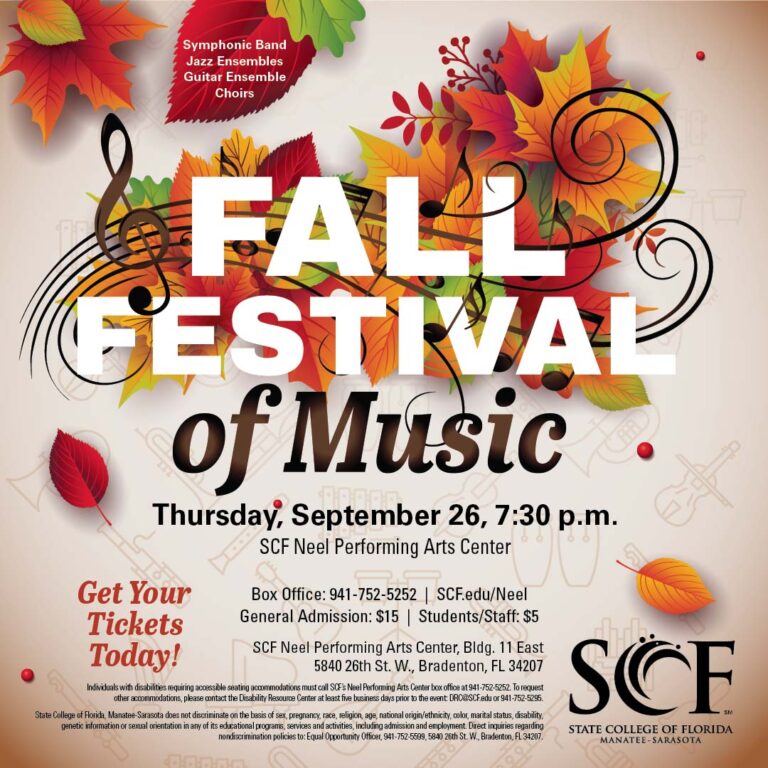 The SCF Music Program welcomes all to join our music ensembles, Symphonic Band, Concert Choir, Chamber Choir, Guitar Ensemble, Jazz Big Band, and Jazz Combo, at the annual Fall Festival of Music. Celebrate the kick-off to the 2024-2025 season with an evening of inspired music making!