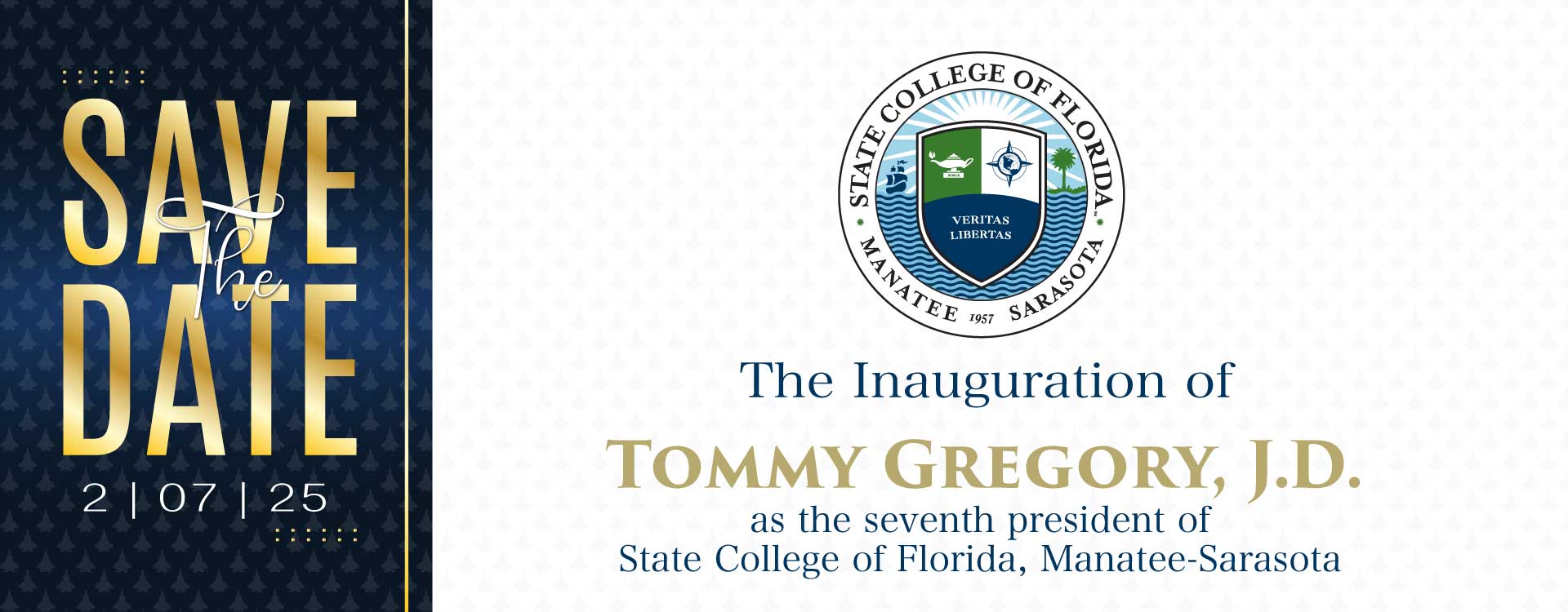 The Inauguration of the College’s seventh president, Tommy Gregory, J.D., will be held Friday, February 7, 2025, at SCF Bradenton.